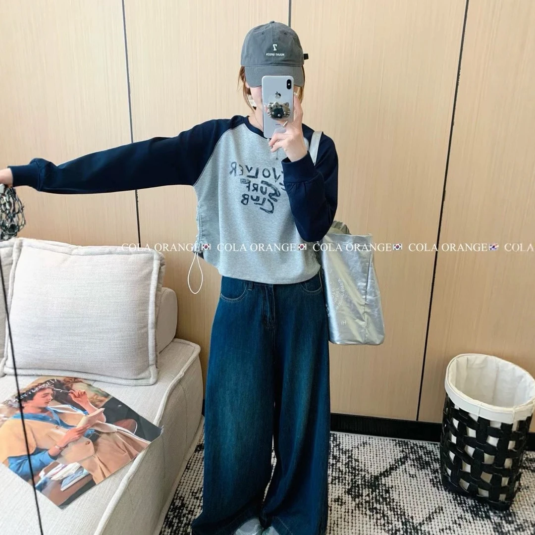 撞色短款小个子圆领卫衣女2025秋季新款抽绳显瘦设计感百搭减龄潮