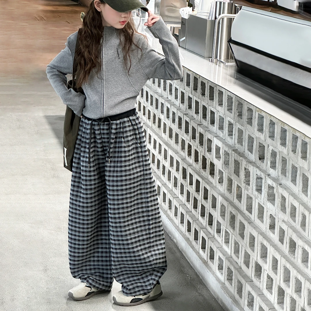 儿童秋装2025新款大女童装格子裤子春秋款运动针织卫裤秋季直筒裤