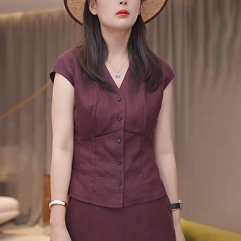 2025夏季新款红色V领亚麻短袖衬衫女高级感减龄收腰显瘦上衣