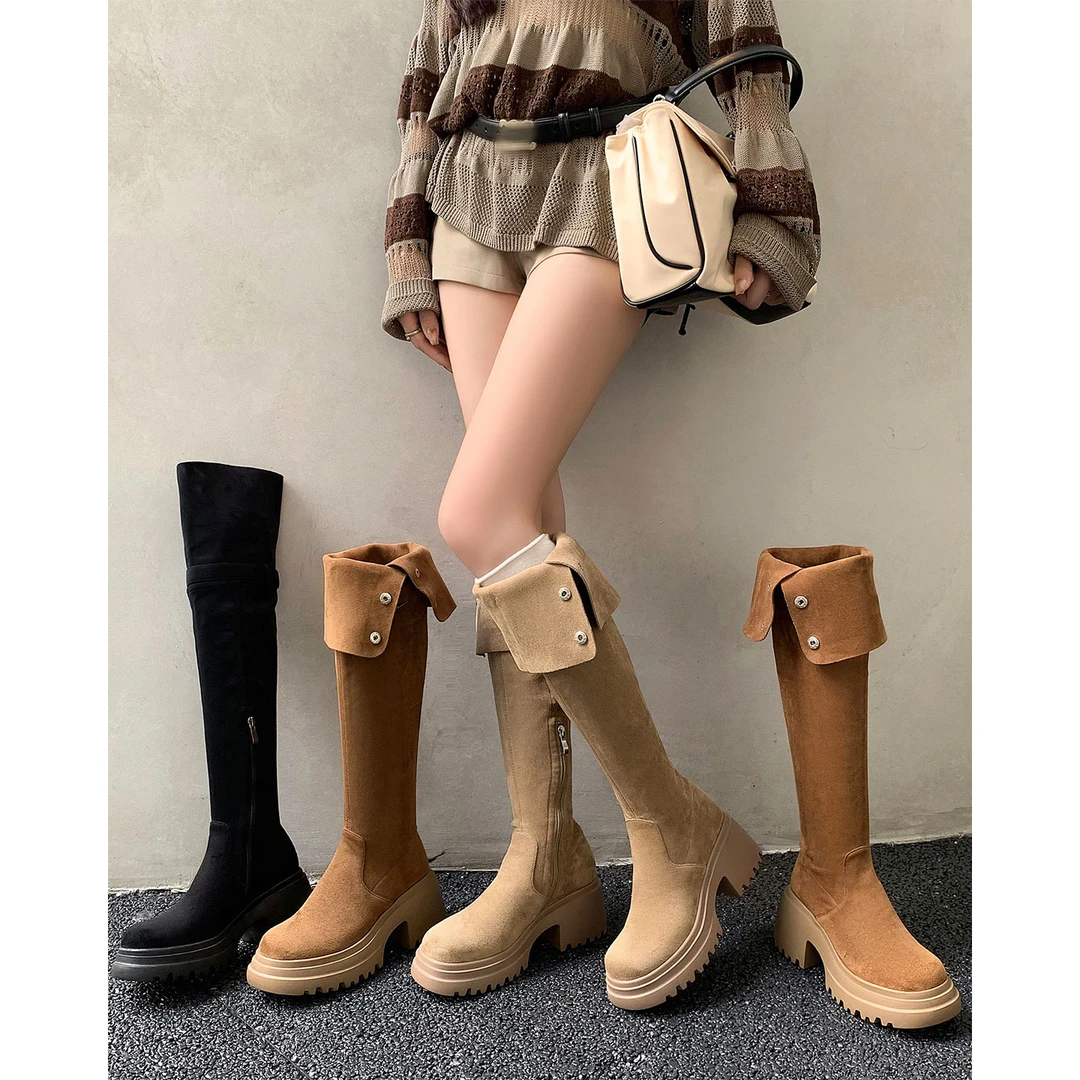 【戈丹琳】美拉德棕色复古西部靴女高筒骑士靴两穿翻折加绒过膝靴