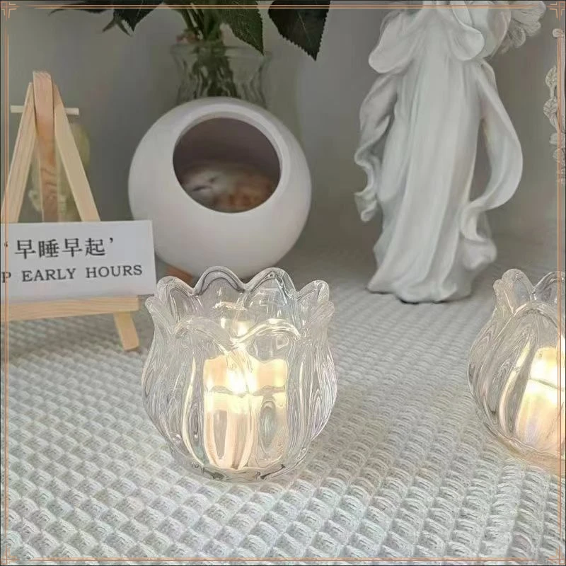 ins郁金香玻璃烛台花朵蜡烛MZBH家居摆件装饰咖啡馆摄影道【多拓】