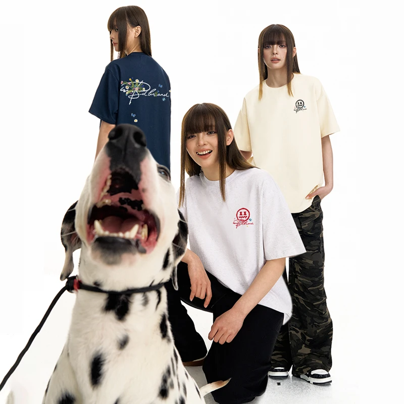 小恶魔草写花卉刺绣冰感凉皮短袖国潮春夏季宽松圆领潮流t恤男女