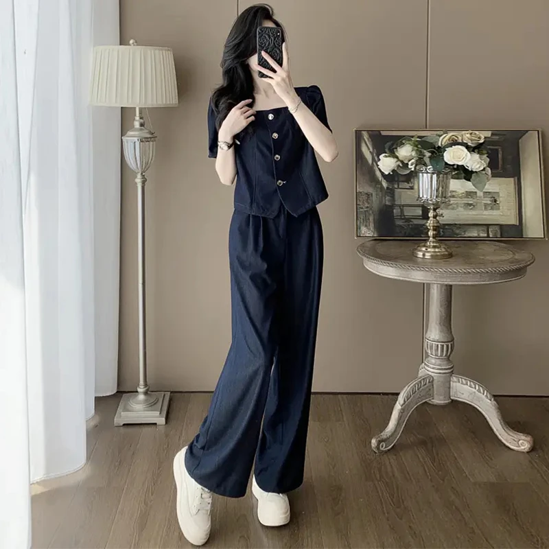 高级感时尚韩版套装女2025年夏季新款洋气方领小衫阔腿裤两件套潮