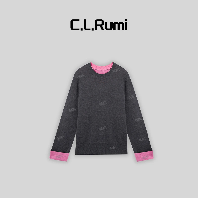 【Rumi女装】“熹微玫瑰”百搭宽松双面异色显白圆领针织上衣6444my