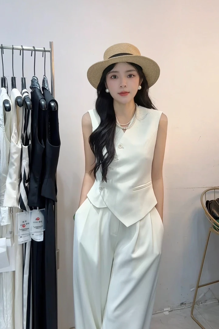 【薄款】白色夏季新款设计款无袖马甲高腰休闲阔腿裤 西装套装