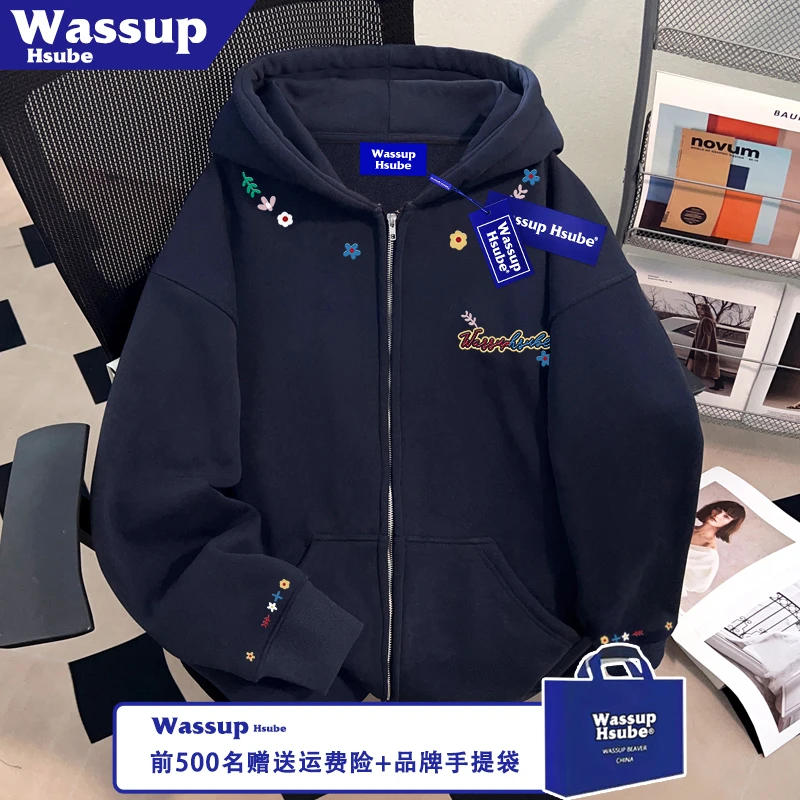 WASSUP HSUBE秋冬季男女款开衫花卉彩色字母印花外套连帽拉链卫衣