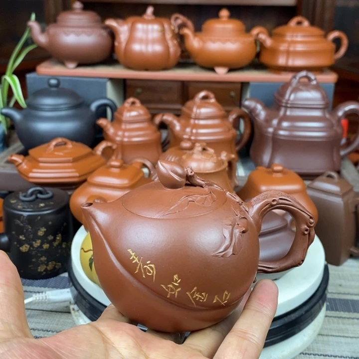 茶壶紫砂寿桃240cc原矿老底曹青特价