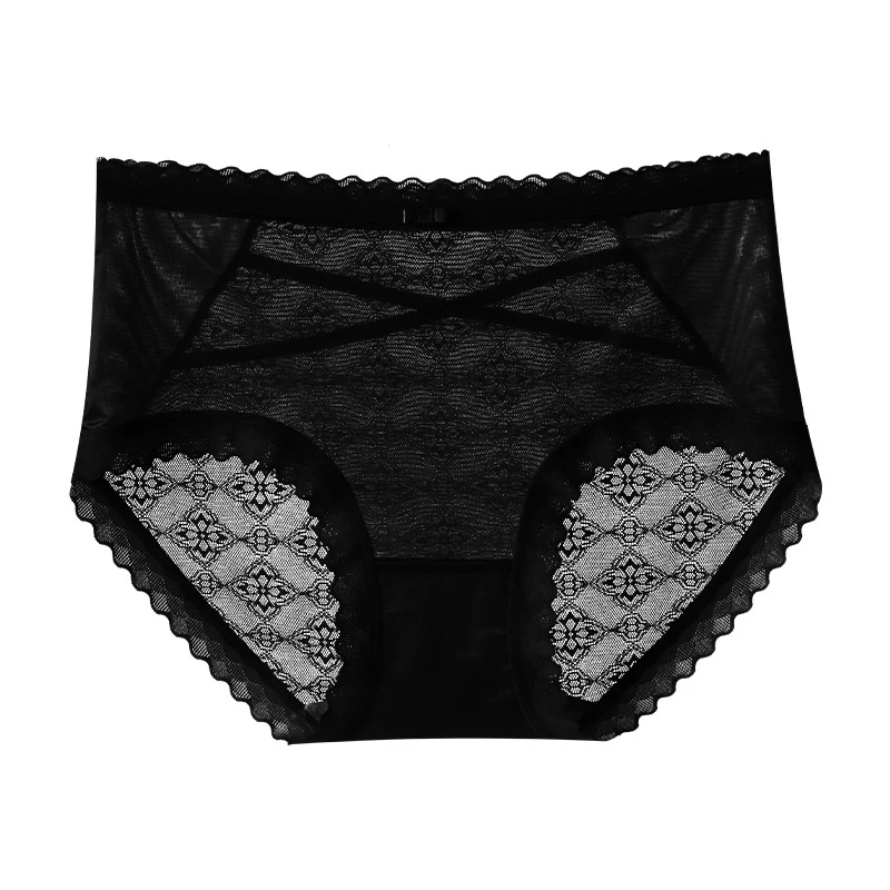 5条装绸缎蕾丝内裤女纯欲性感镂空网纱中腰提臀无痕大码ck3390