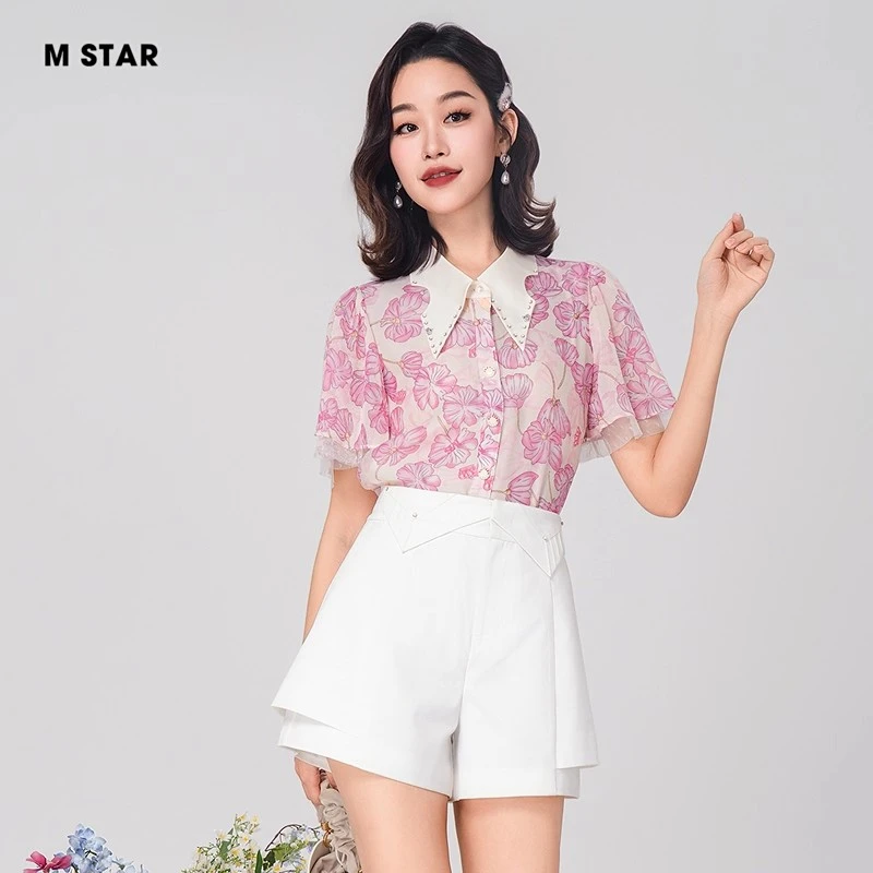 M-Star新款夏季轻薄短袖翻领衬衫女上衣气质休闲时尚 SEBS121517