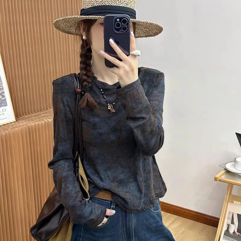 复古印染植绒长袖T恤女欧洲站2025秋装新款欧货女装洋气打底衫潮