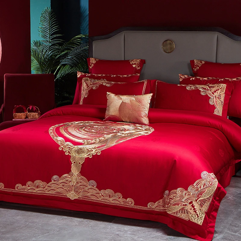 高端婚庆140S全棉提花四件套高精密双喜刺绣纯棉结婚被套床上用品