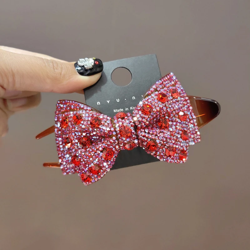 韩版施家水晶满钻双层蝴蝶结大鸭夹2024新款时尚懒人夹盘发夹女