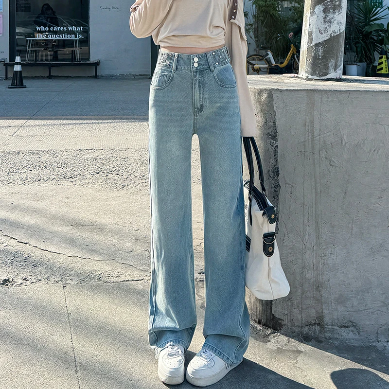 2025春季新款高腰窄版直筒阔腿牛仔裤浅蓝色直筒牛仔裤女百搭