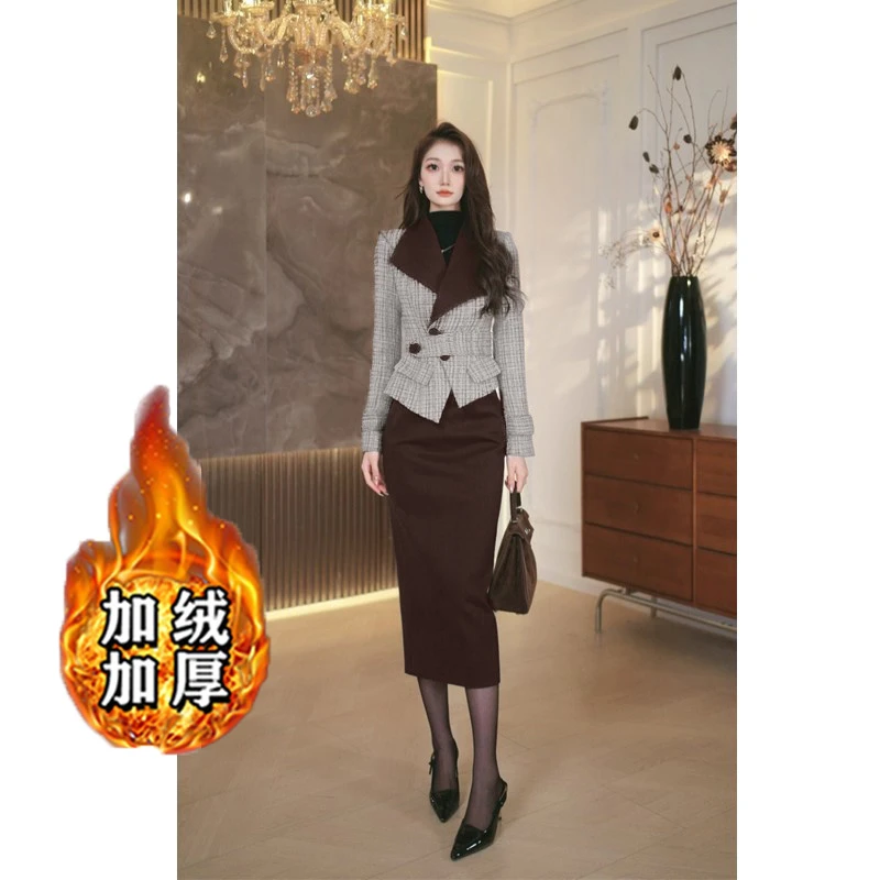 【加绒加厚】【两件套】【含腰带】复古翻领上衣+包臀裙套装女QJ0163