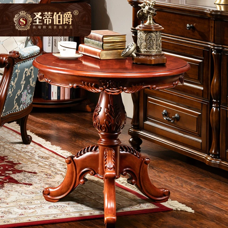 美式实木花小圆桌沙发圆几小户型圆餐桌工作洽谈桌休闲茶几复古