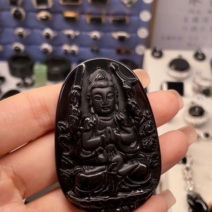 翡翠未镶嵌颈饰墨翠千手观音吊坠