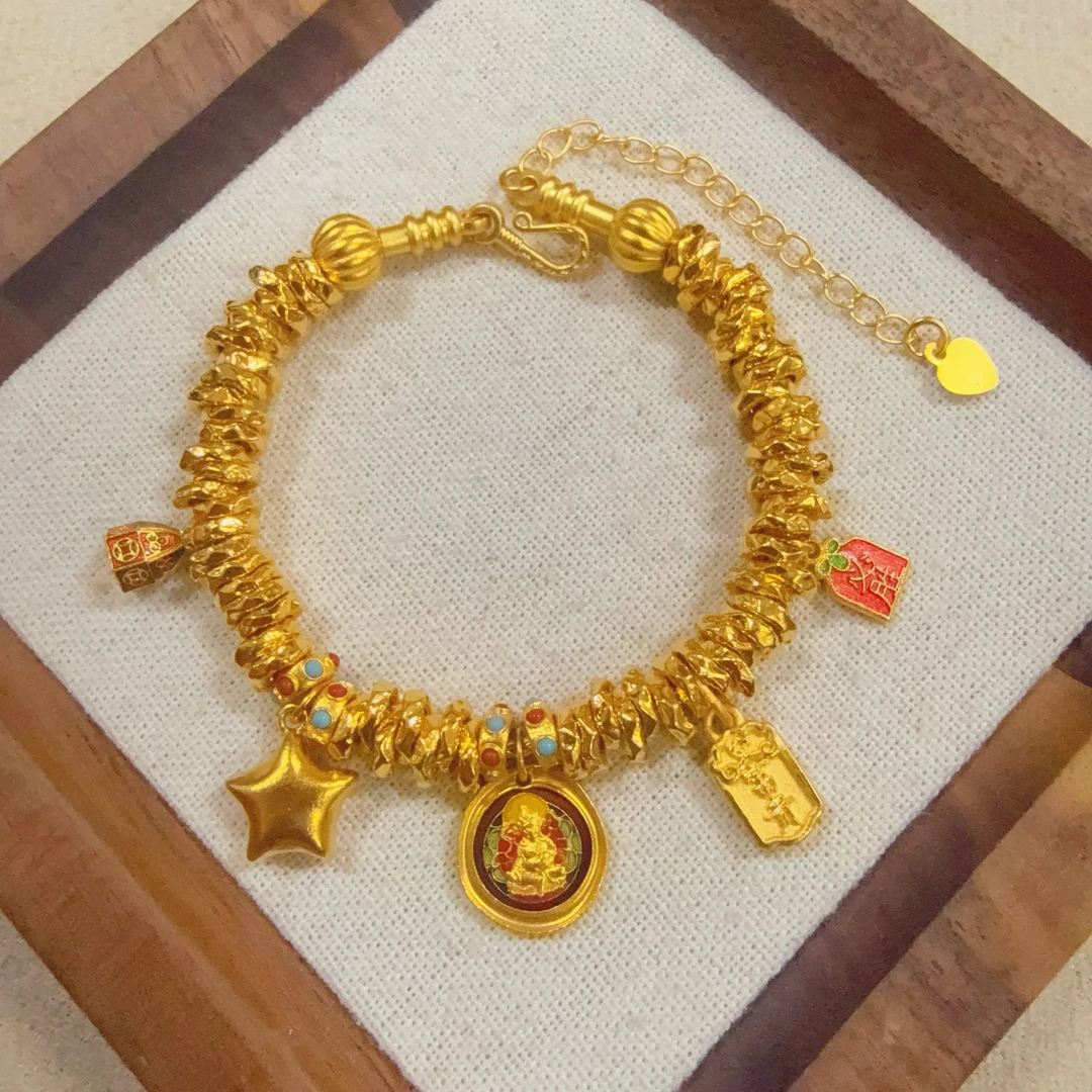 【足金珐琅黄财神盘缠手串】卡6mm(配合金链）