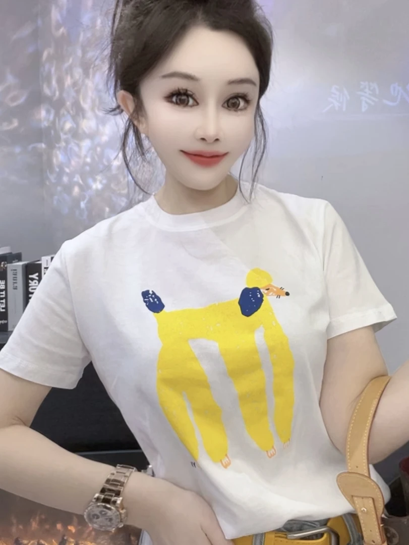 欧洲站韩系高品质卡通绵羊印花时尚显瘦短袖T恤女宽松减龄打底衫