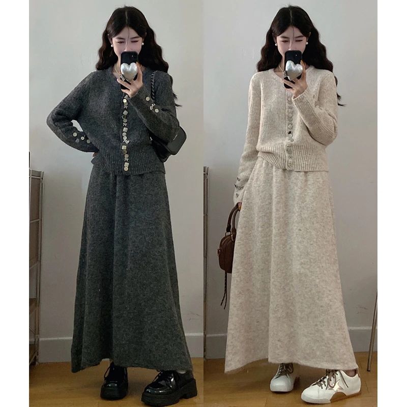 大码胖mm秋季新款设计感金属扣针织开衫半身裙毛衣裙两件套装女