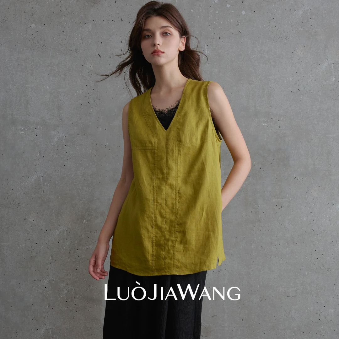 100%亚麻舒适透气奢雅质感无袖艺术感设计V领无袖上衣LUOJIAWANG