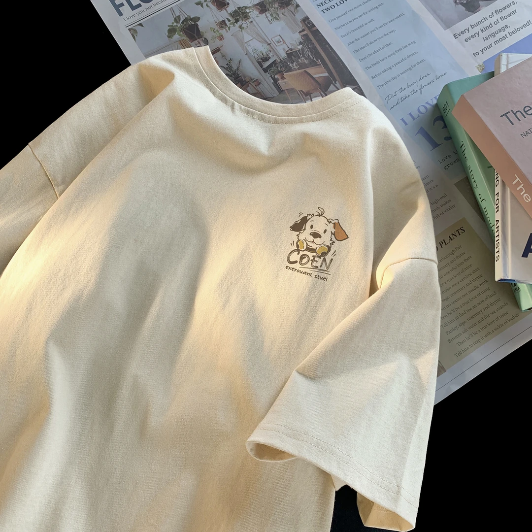 小狗印花短袖t恤男夏季宽松纯棉青少年衣服潮牌潮流重磅半袖体恤