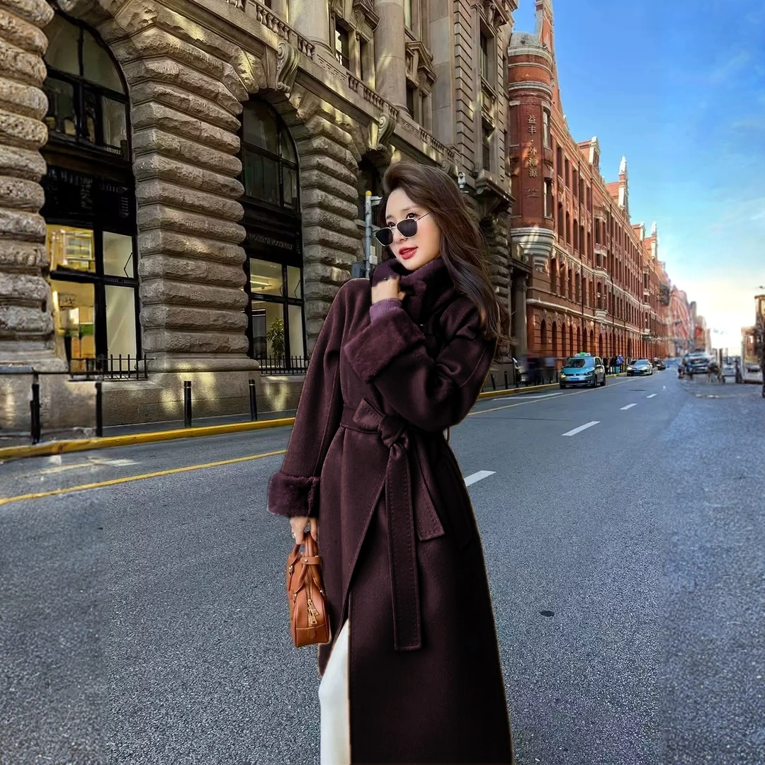 女直下摆长袖长款毛呢外套显瘦外套轻奢收腰2627