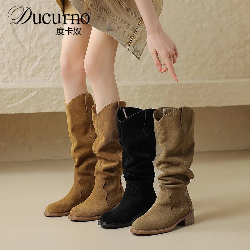 度卡奴真皮磨砂女式长靴2025新款骑士靴厚中跟多用途堆靴长筒筒靴