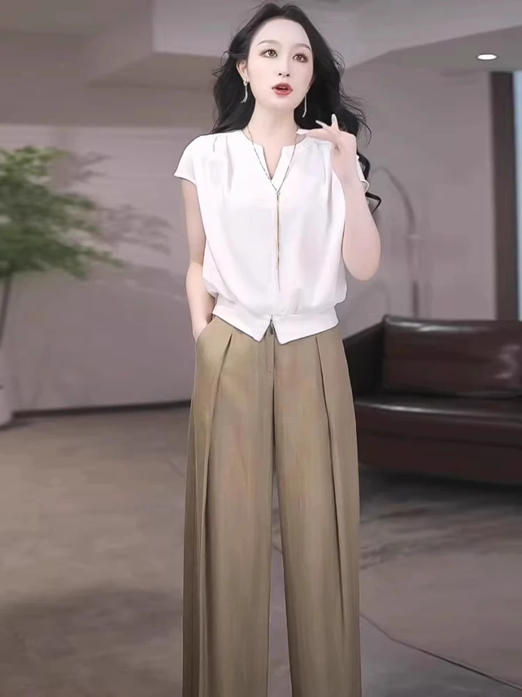 2025夏季穿搭一整套轻奢高级感超火减龄洋气白色上衣阔腿裤套装女