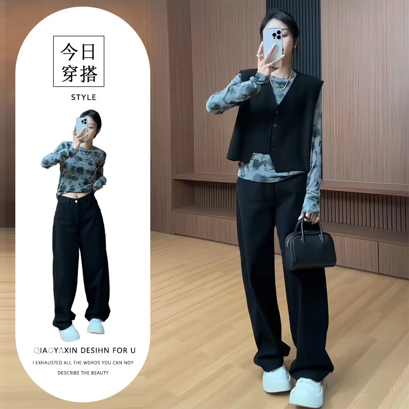 T256303+T256304+T256305秋季水墨花长袖T恤时尚叠穿马甲防晒上衣