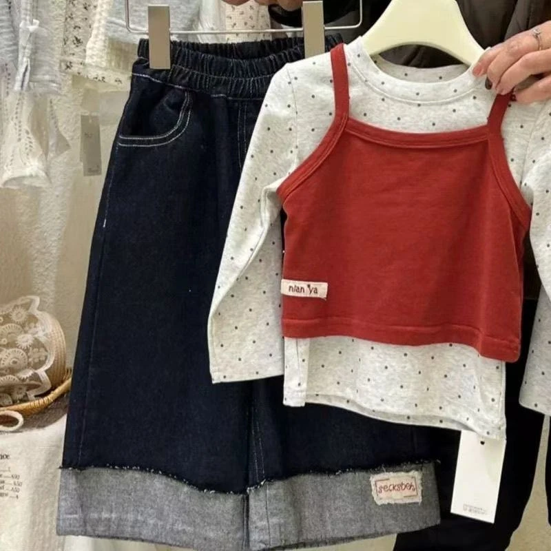56029女童套装秋装2025儿童吊带假两件T恤衫+阔腿牛仔裤套装