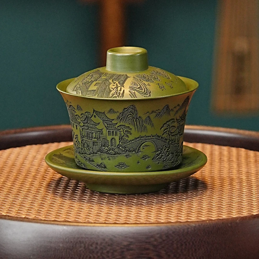 宜兴全手工紫砂茶具 原矿绿泥泥料刻绘烟雨入江南盖碗品茗杯