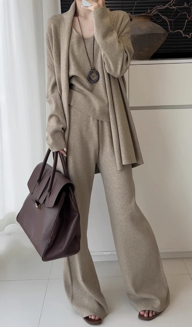 老钱风针织三件套2025早秋新款慵懒风背心+开衫+阔腿裤套装