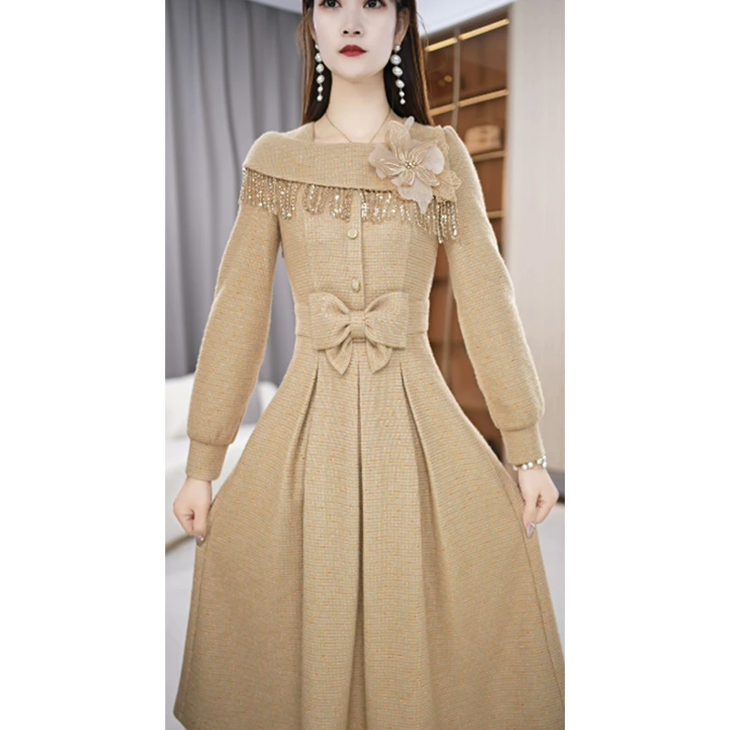 【连衣裙】冬季设计感气质显瘦时尚简约通勤中长款长袖连衣裙M-4XL