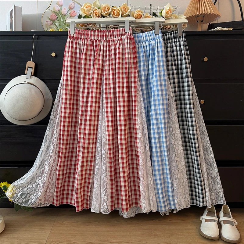 设计感蕾丝镂空拼接撞色格子半身裙女夏高腰A字褶皱宽松大摆伞裙