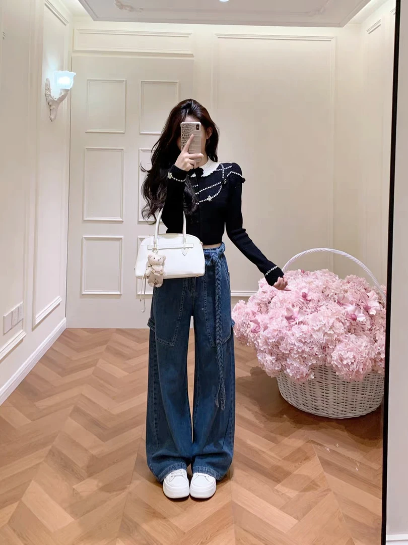 法式小资甜美减龄蝴蝶结花边拼接设计感上衣系带收腰牛仔裤两件套