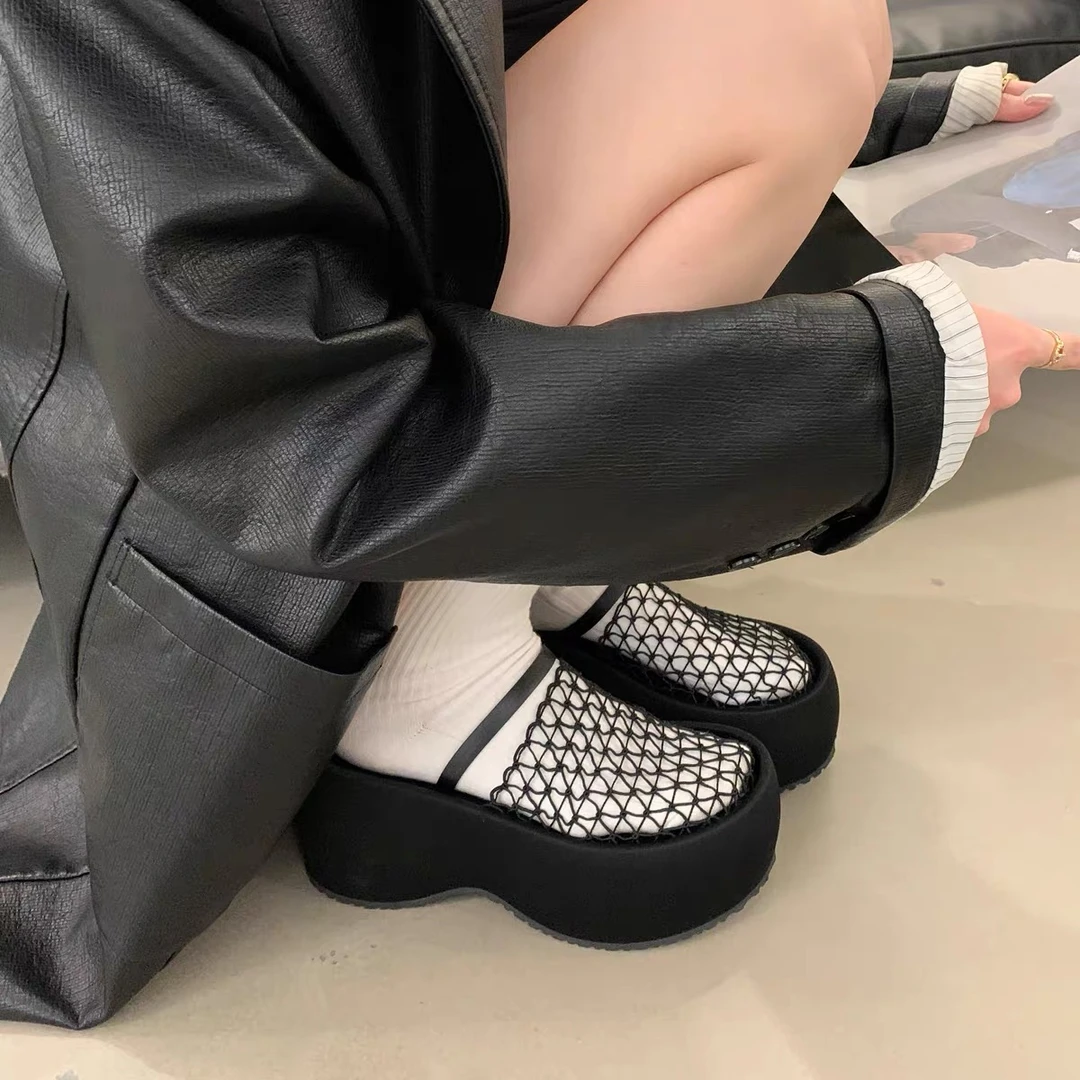 2025夏季新款半包头拖鞋外穿厚底蕾丝镂空透气网面鞋配裙子凉鞋