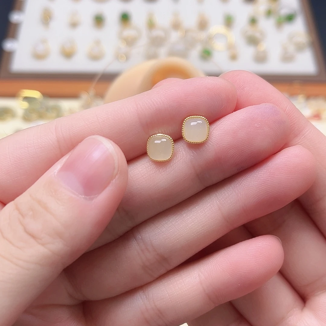 ****和田玉银S925镶嵌耳饰