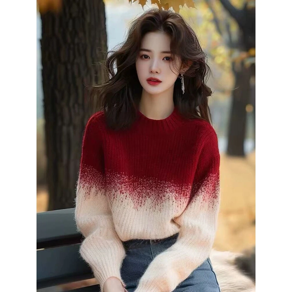 安可拉红杏色渐变圆领女款2024新款冬季针织衫独特超好看上衣