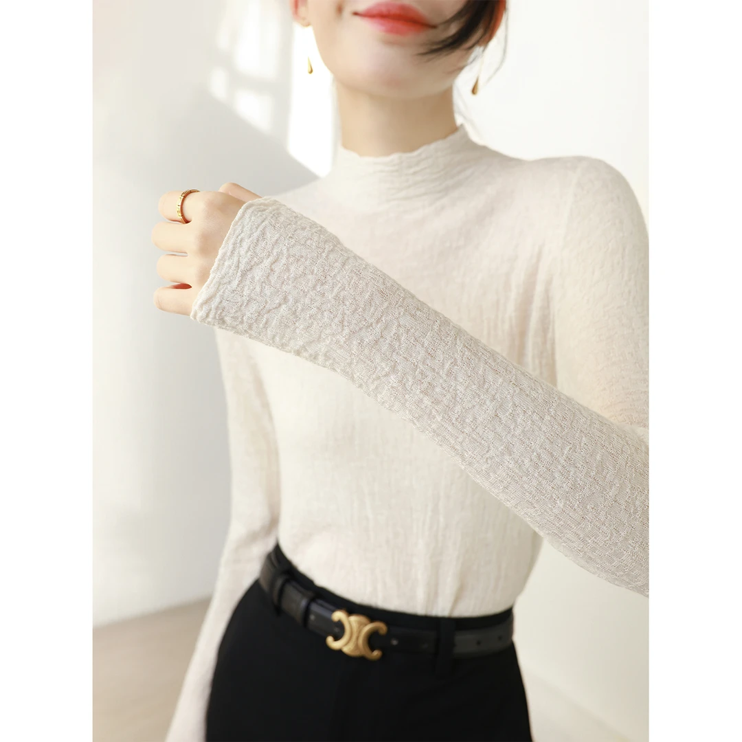 法式复古肌理感修身内搭针织打底衫女秋冬季长袖半高领叠穿白毛衣