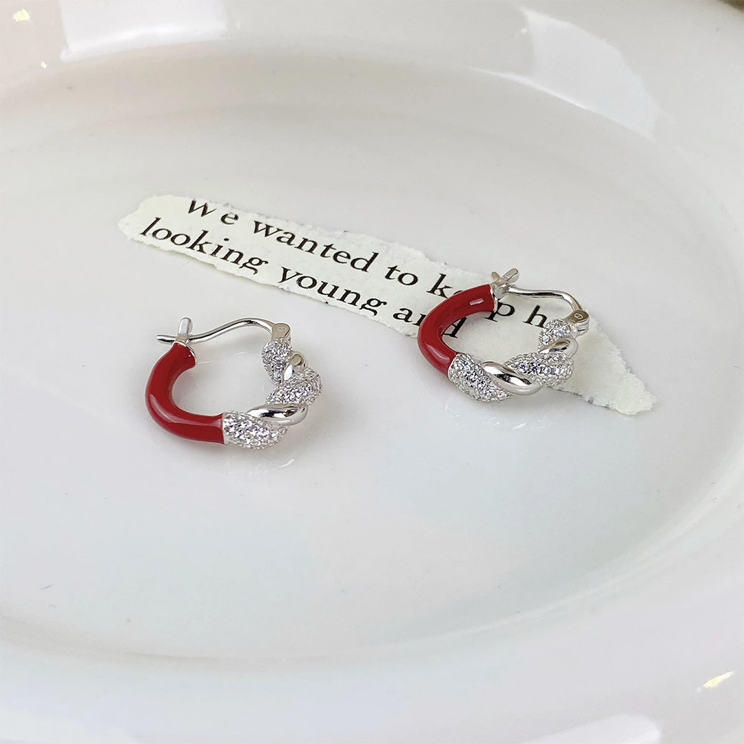 925银耳饰 纯银红色喜庆耳环女耳圈新年耳饰圈圈高级感耳钉耳扣