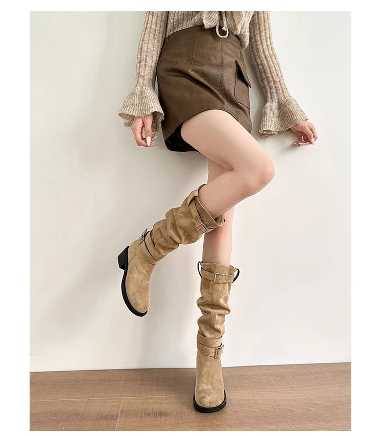 羊皮版~真皮褶皱堆堆靴时装靴女粗跟厚底软皮显瘦骑士靴高筒靴女