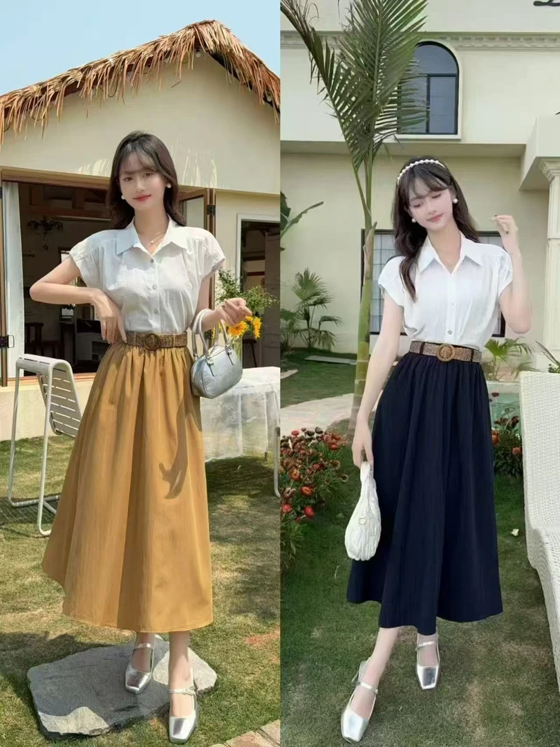 新款时尚百搭宽松休闲简约翻领短袖女上衣半身裙套装HJ-1871