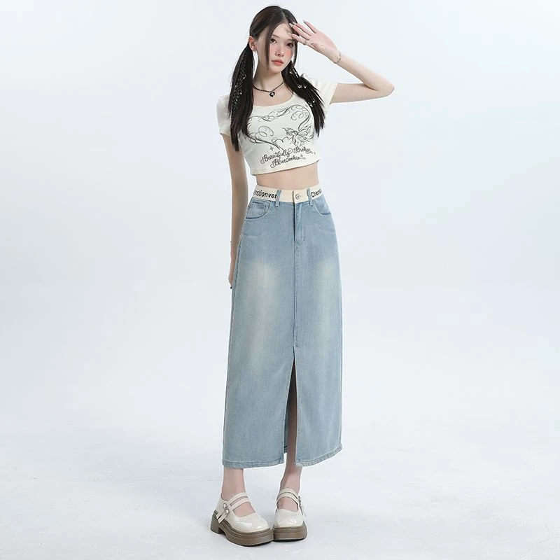 浅色莱赛尔天丝拼接牛仔裙女2025秋季新款垂顺显瘦时尚百搭半身裙