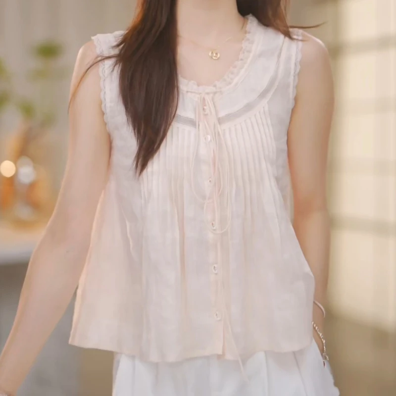 2025新款百搭时尚圆领蕾丝塔克线无袖上衣LK2505218