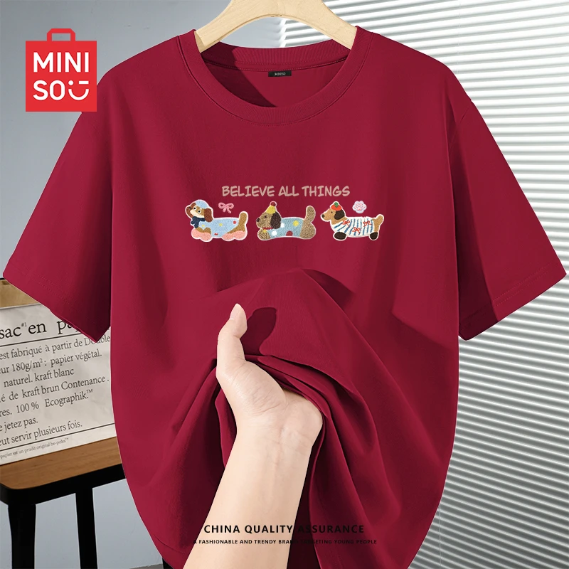 名创优品酒红色纯棉短袖女夏季新款宽松大码半袖显瘦圆领t恤女