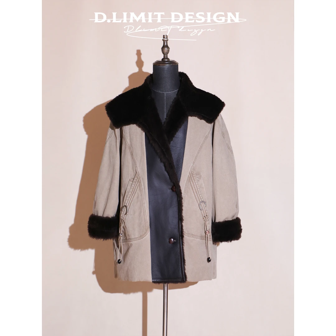 【D.Limit design】奢绒皮毛门襟翻领口袋抽绳工装鹅绒服DLMD130