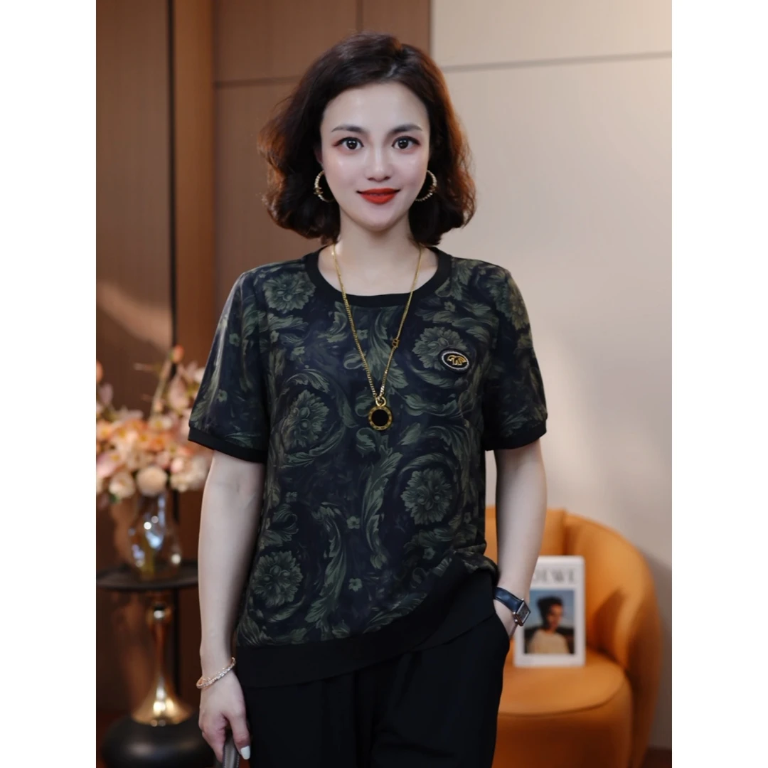 青金映墨-L夏季新款高贵轻奢休闲洋气高级女士百搭时尚T恤显瘦