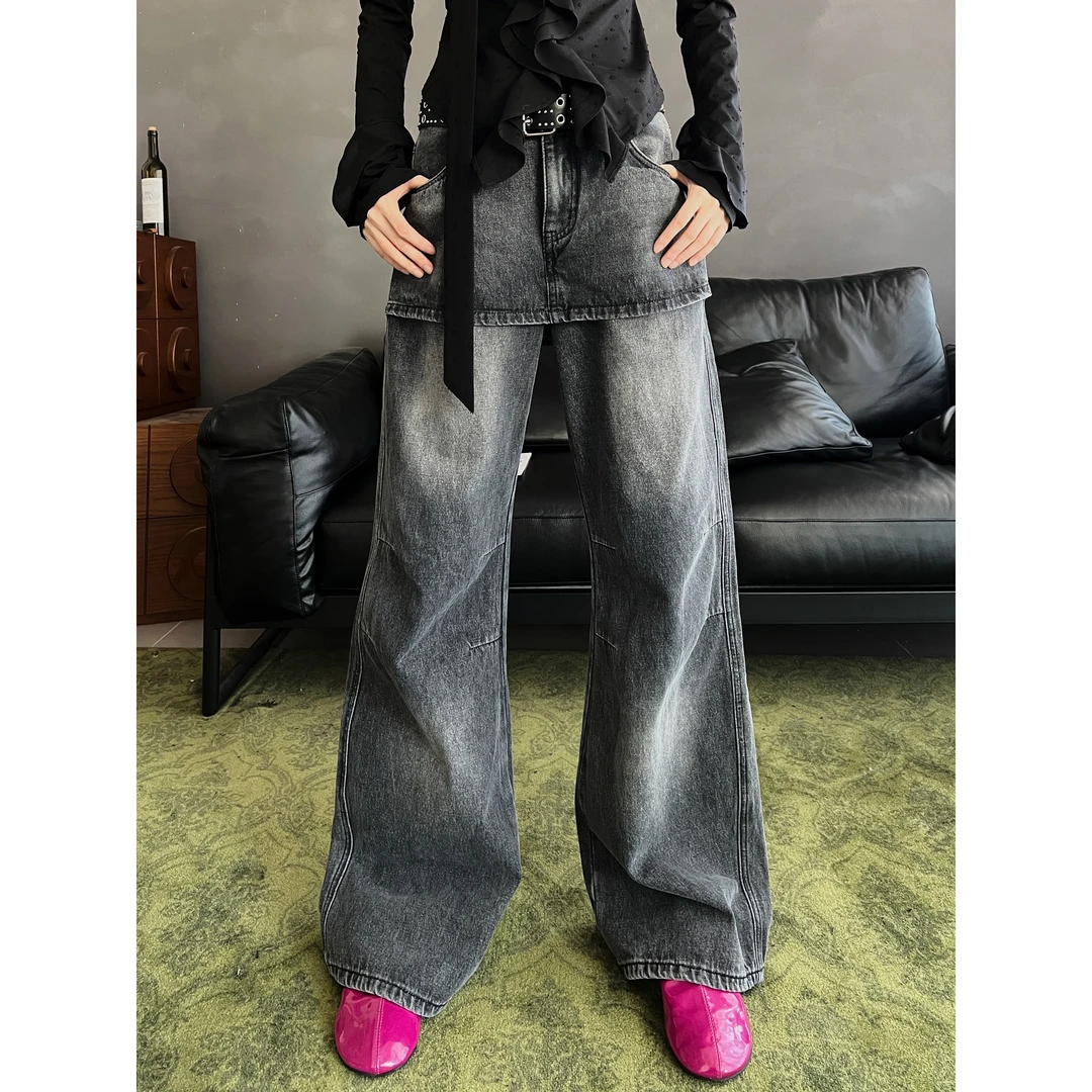 雨哥新款屁帘牛仔裤假两件水洗阔腿裤