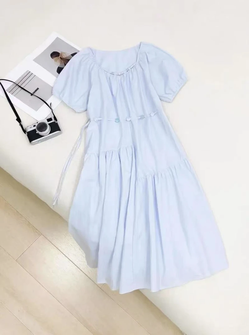 韩国气质ins高级感串珠腰带收腰显瘦圆领欧货泡泡袖长裙女潮流