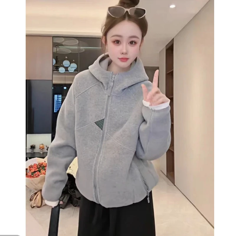 美式复古抓绒加厚连帽卫衣女2025冬季新款休闲百搭高级感开衫外套